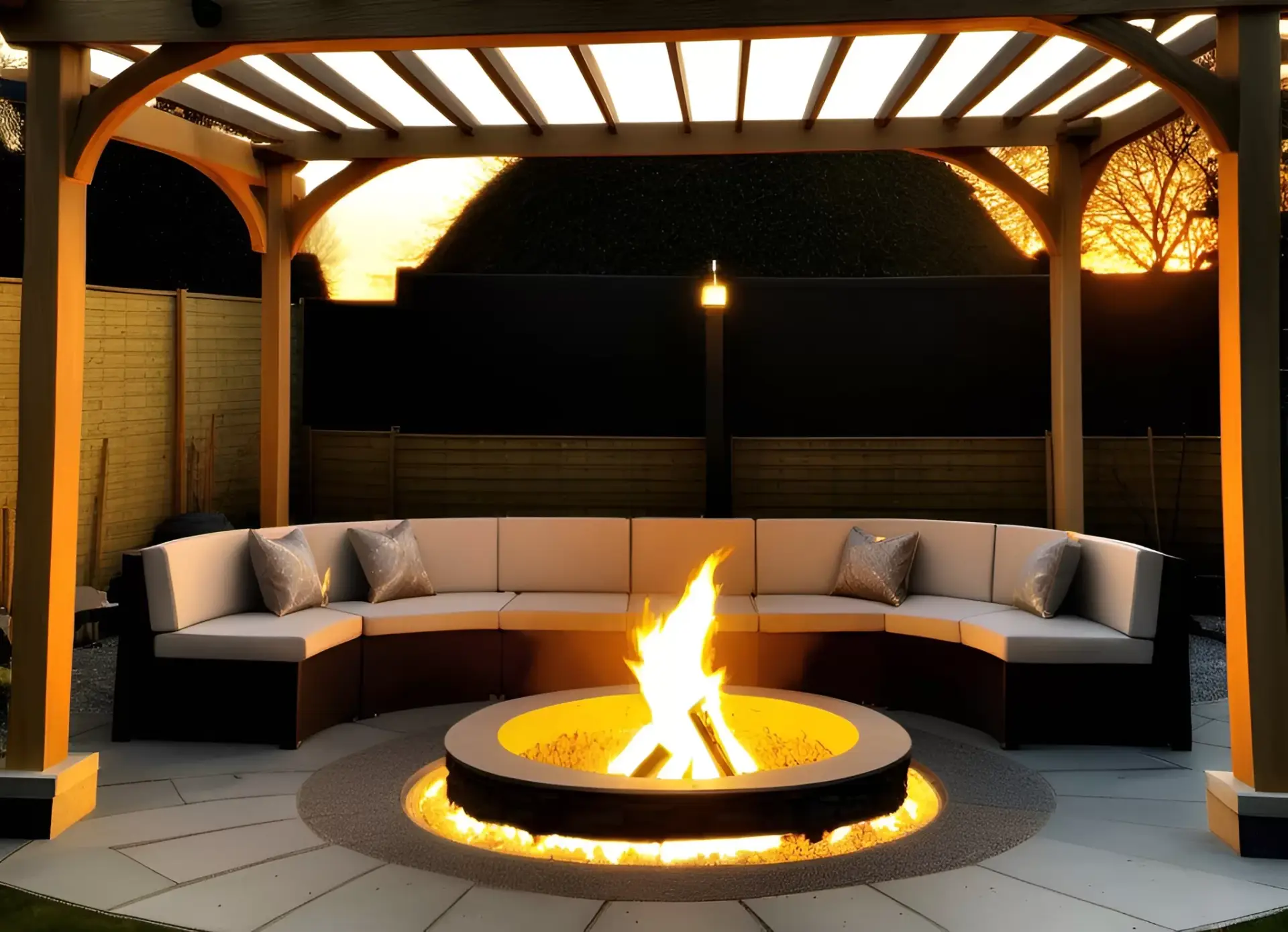 A lit fire pit, beneath a pergola, with comfortable cushioned seating surrounding the fire pit