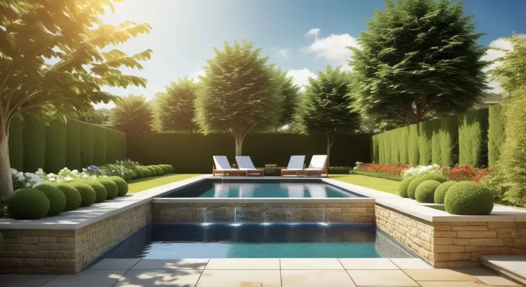 Image of a pool with paving around the edges and four deck chairs at the far side of the pool