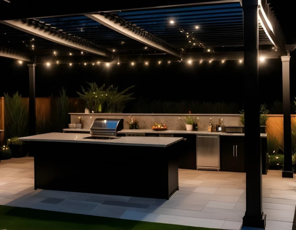 An outdoor kitchen set within a landscaped garden. The kitchen features a stainless steel countertop, a sink, a kitchen island, a grill, and storage cabinets.
