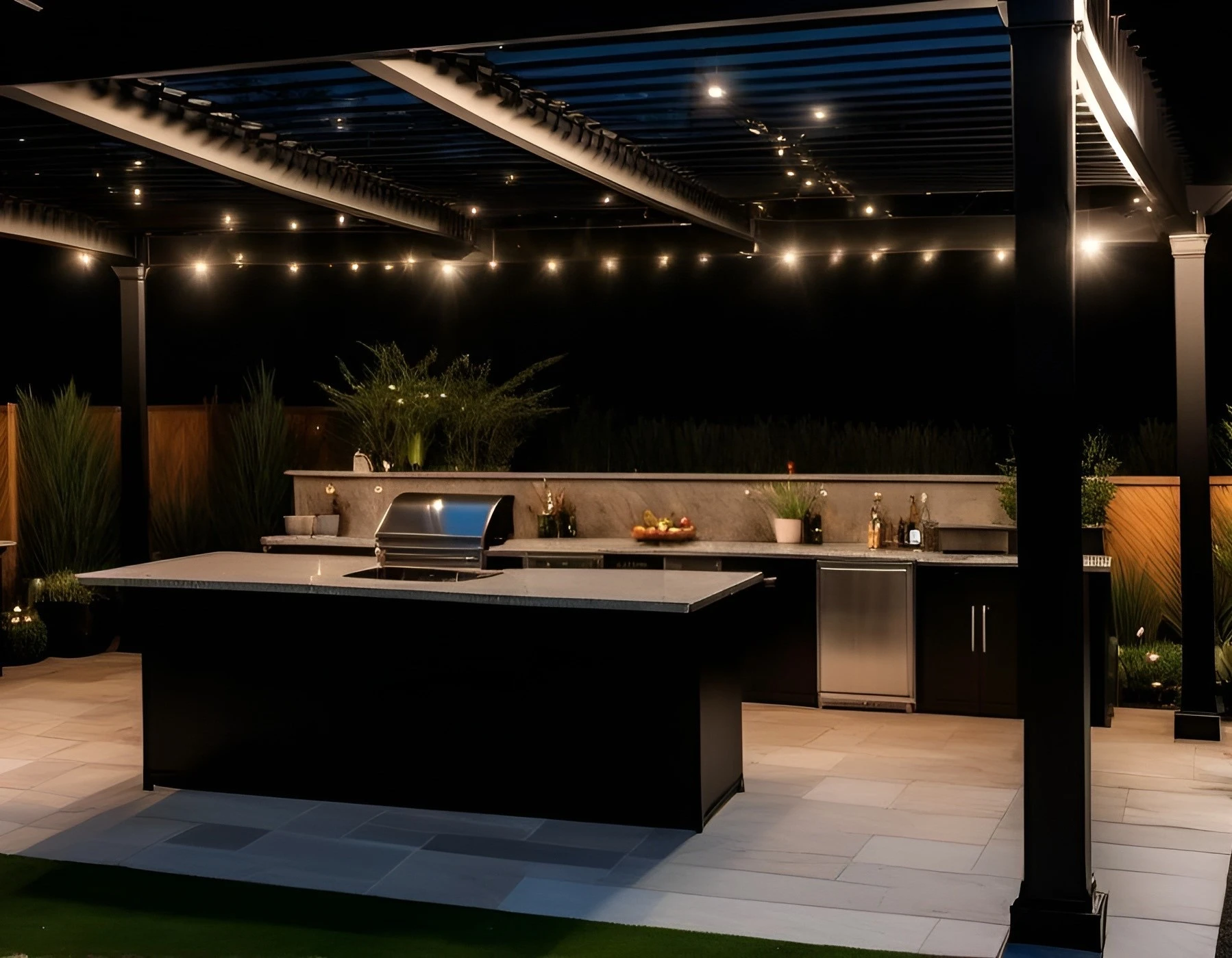 An outdoor kitchen set within a landscaped garden. The kitchen features a stainless steel countertop, a sink, a kitchen island, a grill, and storage cabinets.